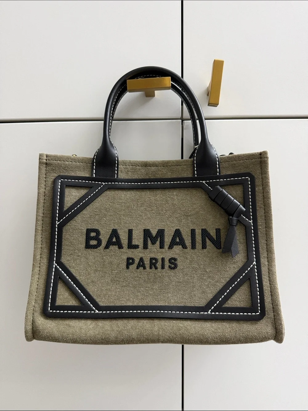 Balmain Olive Canvas Tote with Black Leather Trim